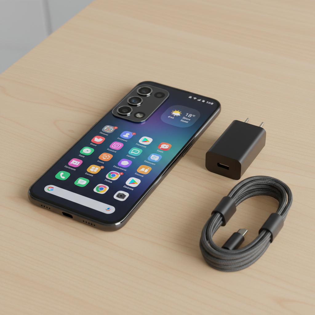 A close-up of a high-end French-market Android smartphone lying on a light beech-wood table, its OLED screen displaying a vibrant home screen with neatly arranged app icons and a discreet French weather widget. The phone has a satin black aluminum frame, slightly curved glass edges, and a refined camera island with polished metal rings around each lens. Next to it sits a slim USB-C charger and a braided dark-grey charging cable coiled neatly. Cool, even studio lighting from above creates crisp, controlled reflections on the glass and metal, with subtle shadows for depth. Shot from a slightly elevated angle with the phone following the rule of thirds, background softly blurred. The mood is precise and analytical, aligned with a professional, photographic realism suitable for a detailed gadget review.