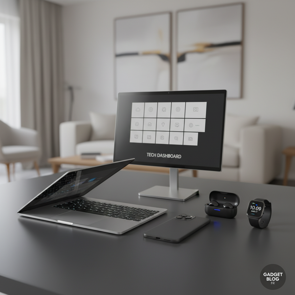 A sleek collection of cutting-edge gadgets arranged on a matte dark-grey desk: a thin silver ultrabook with its lid half-open showing a backlit keyboard, a graphite 5G smartphone with triple camera module, glossy wireless earbuds in an open charging case, and a brushed-aluminum smartwatch displaying a minimalistic digital face. Behind them, a slim 4K monitor shows a clean dashboard of icons. Soft, diffused daylight enters from an unseen window to the left, creating gentle reflections on metal and glass without harsh glare. The background fades into a subtly blurred modern living room with neutral tones. Photographed at eye level with a slight diagonal composition and shallow depth of field, in clean, photographic realism, conveying a professional, trustworthy high-tech review atmosphere for a French gadget blog.