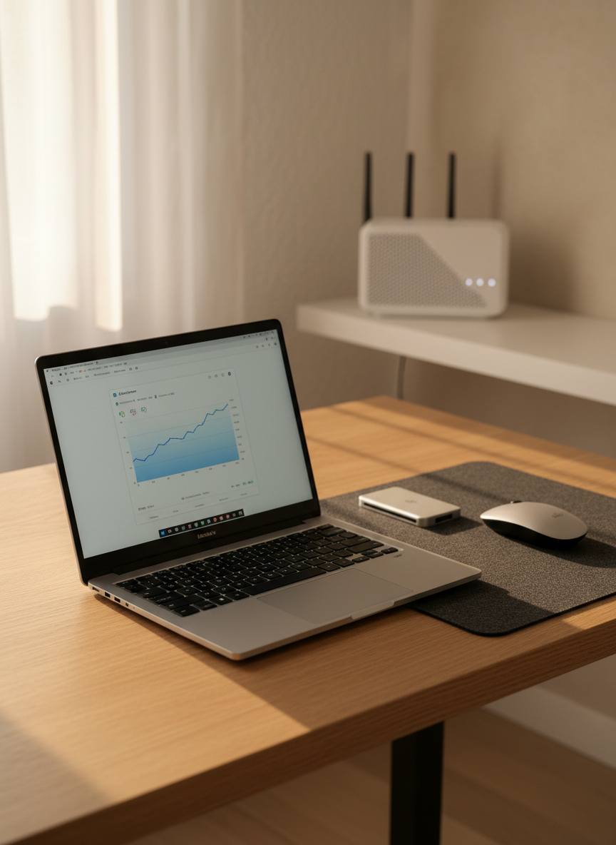 A minimalist home office setup focused on a thin, silver ultrabook open on a natural oak desk, its French AZERTY keyboard clearly visible and screen displaying a clean benchmark graph interface. To the right, a compact, silent wireless mouse and a slim portable SSD with a brushed metal finish rest on a dark felt desk mat. In the background, an elegant Wi-Fi 6 router with angular vents and soft white status LEDs sits on a low shelf, slightly out of focus. Late-afternoon natural light filters through sheer curtains, casting gentle, elongated shadows and a warm, calm glow. Captured from a slightly elevated three-quarter view with shallow depth of field, in clean photographic realism, evoking a professional, organized, tech-savvy atmosphere for performance and buying guides.